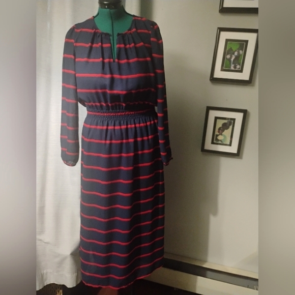 FRNCH Navy and Red Painterly Striped Maxi Dress, Sz L - Picture 9 of 12